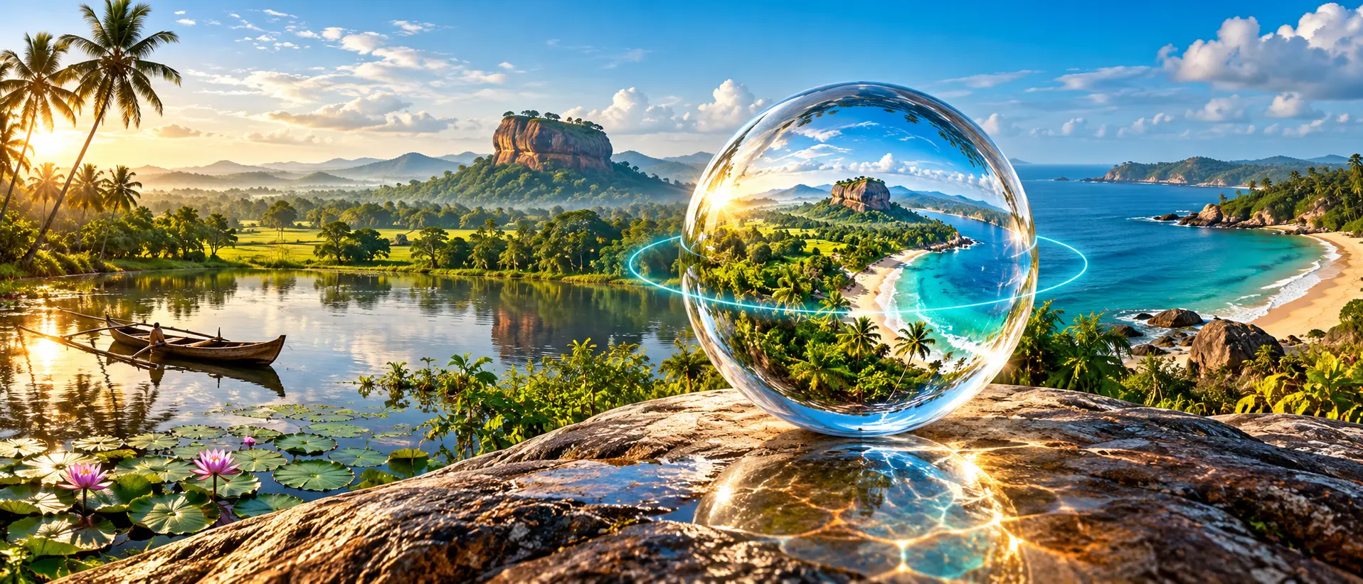 Crystal sphere panorama of Sri Lanka showing Sigiriya rock fortress, a lily-filled lake with a traditional boat and a turquoise tropical coastline