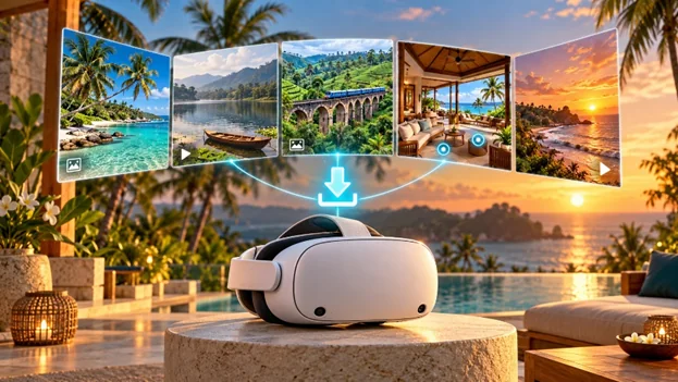 Virtual reality headset on a stone pedestal beneath floating 360° photo, VR video and tour preview cards connected by a glowing download arrow